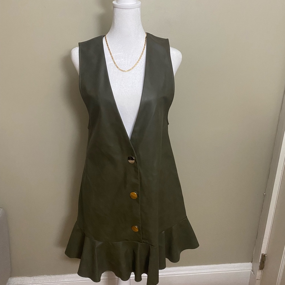 NWT Zara Green Faux Leather Ruffled Dress